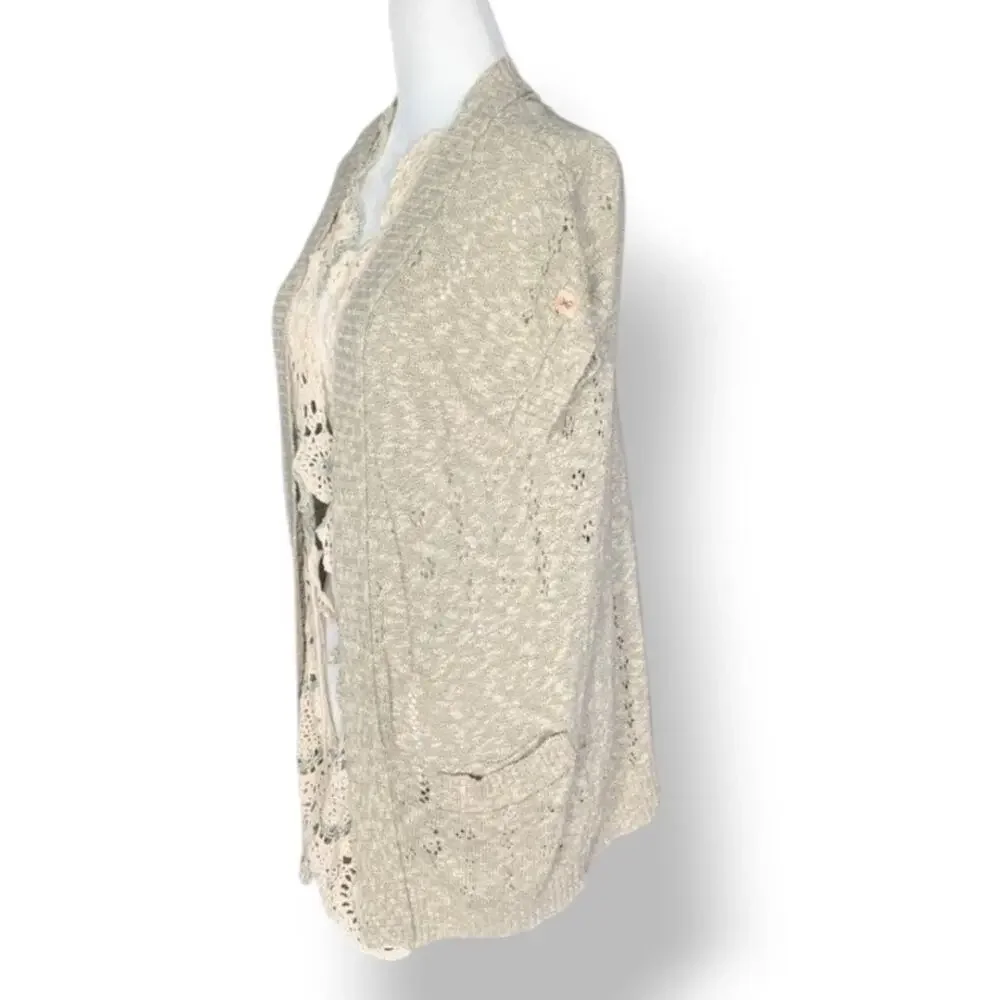 Upcycled Linen Blend Crochet Trim Knit Cardigan Vest Boho‎ Cottagecore Romantic